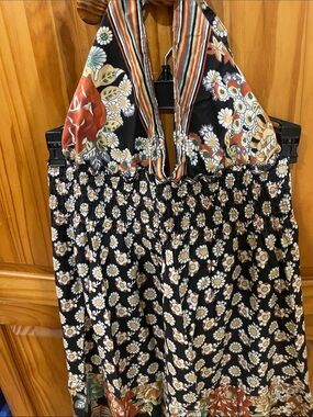 Vintage Boho Floral Halter Smocked Waist Women’s Dress - Black/Multi